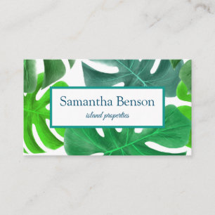 Palm Leaves Tropical Island Green & White Square B Business Card