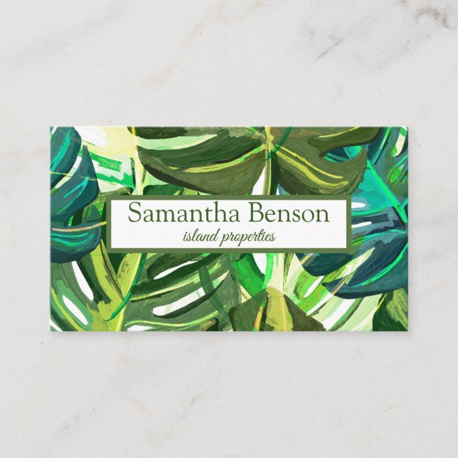 Palm Leaves Tropical Island Green & White Square Business Card (Front)