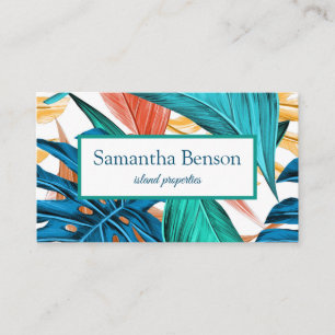 Palm Leaves Tropical Island Green & White Square Business Card