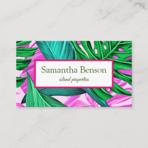 Palm Leaves Tropical Island Green & White Square Business Card