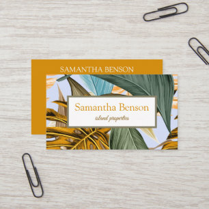 Palm Leaves Tropical Island Green & White Square Business Card