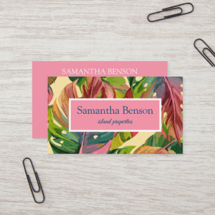 Palm Leaves Tropical Island Green & White Square Business Card