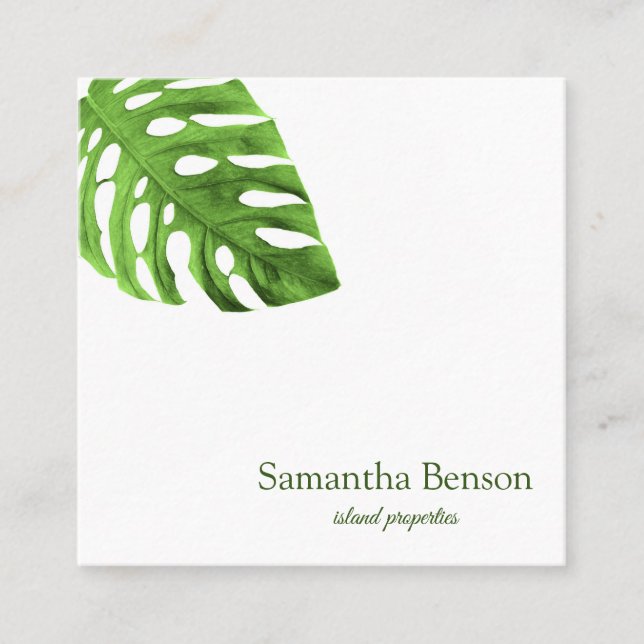 Palm Leaves Tropical Island Green & White Square Square Business Card (Front)
