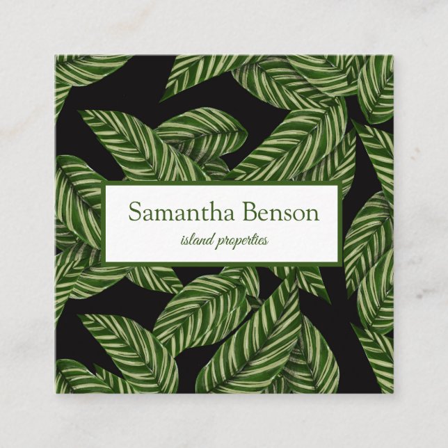 Palm Leaves Tropical Island Green & White Square Square Business Card (Front)