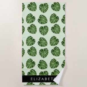 Palm Leaves, Tropical Pattern, Your Name Beach Towel