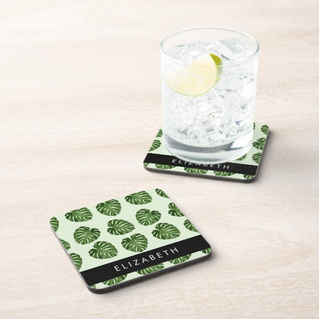 Palm Leaves, Tropical Pattern, Your Name Coaster (Right Side)