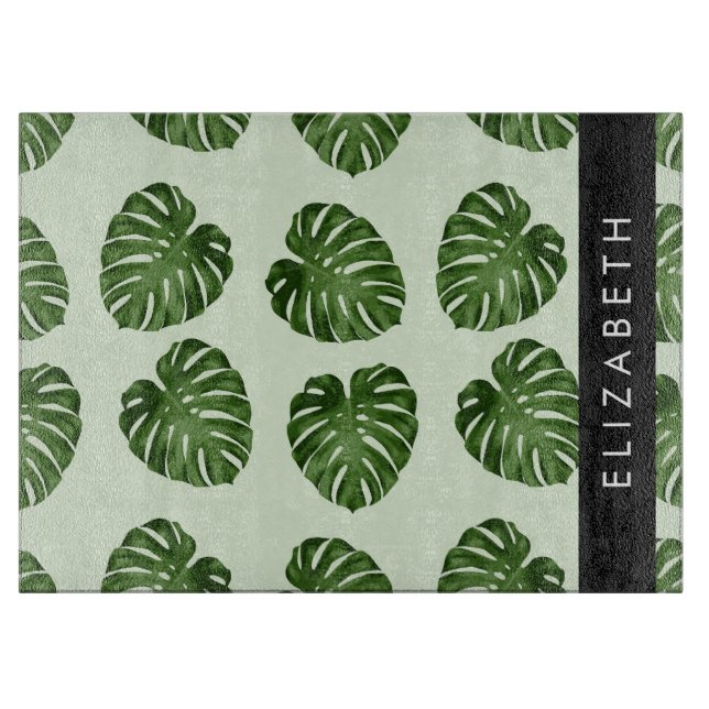 Palm Leaves, Tropical Pattern, Your Name Cutting Board (Front)