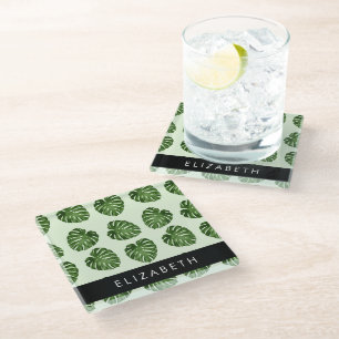 Palm Leaves, Tropical Pattern, Your Name Glass Coaster