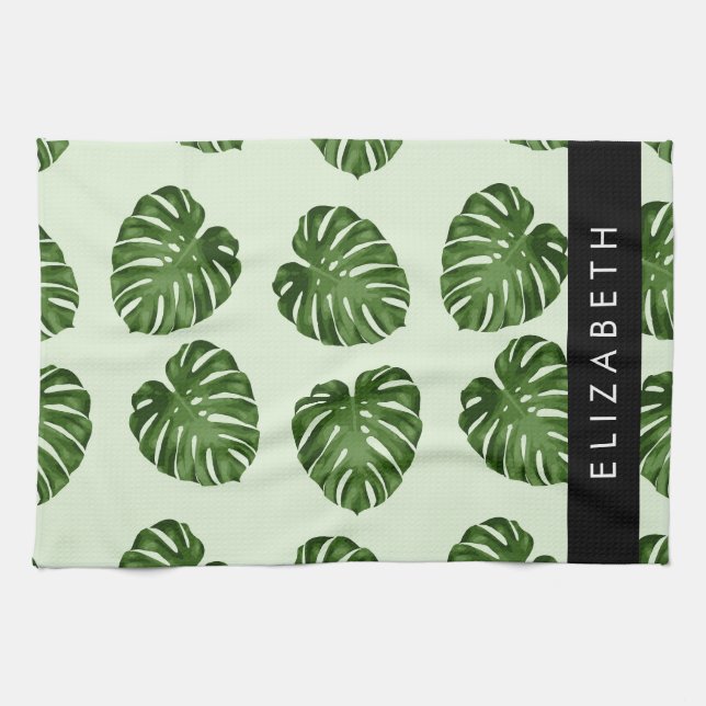 Palm Leaves, Tropical Pattern, Your Name Kitchen Towel (Horizontal)
