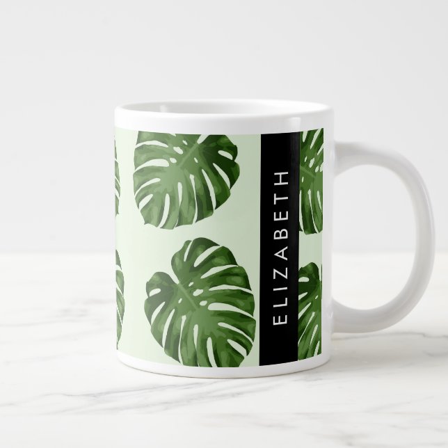 Palm Leaves, Tropical Pattern, Your Name Large Coffee Mug (Right)