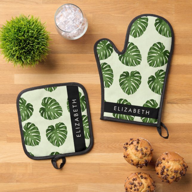 Palm Leaves, Tropical Pattern, Your Name Oven Mitt & Pot Holder Set (Top Down)