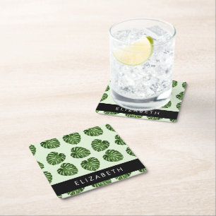 Palm Leaves, Tropical Pattern, Your Name Square Paper Coaster
