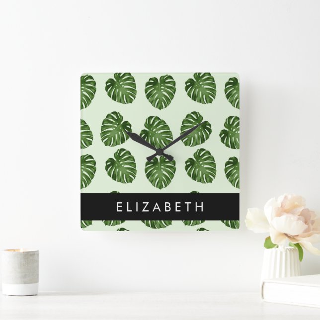 Palm Leaves, Tropical Pattern, Your Name Square Wall Clock (Home)