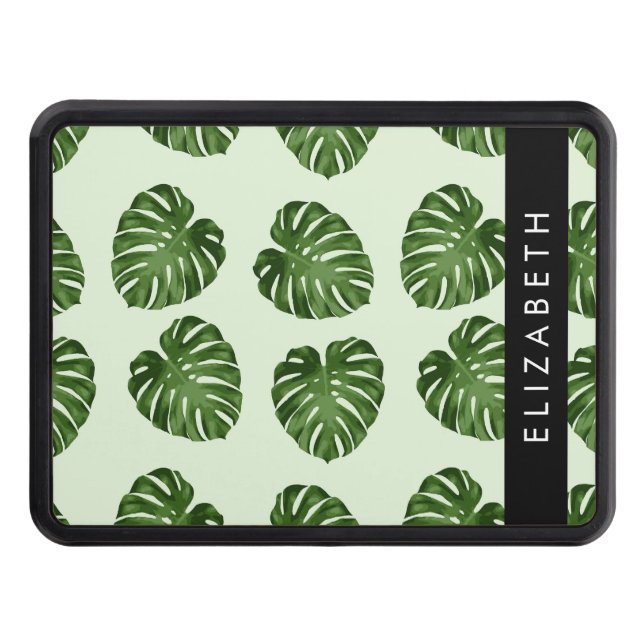 Palm Leaves, Tropical Pattern, Your Name Trailer Hitch Cover (Front)