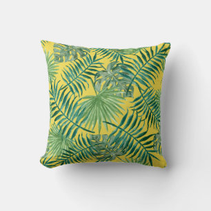Palm Leaves Tropical Print Yellow Cushion