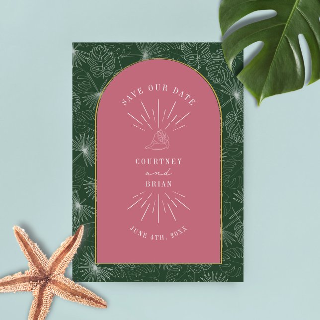 Palm Leaves Tropical Seashell Pink Green Save The  Save The Date (Creator Uploaded)