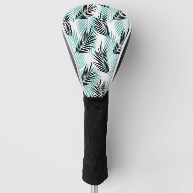 Palm Leaves Tropical Tree Bright Turquoise Black Golf Head Cover (Front)