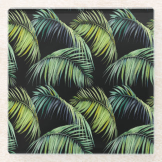 Palm Leaves: Watercolor Black Background. Glass Coaster