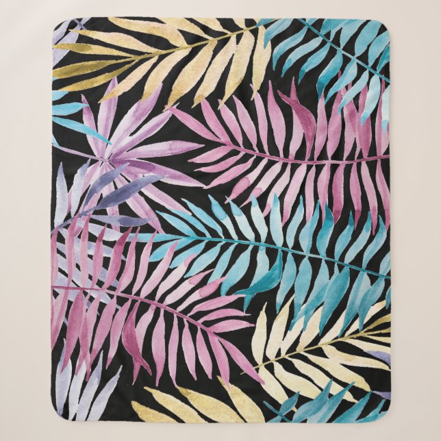 Palm leaves: watercolor dark pattern sherpa blanket (Front)