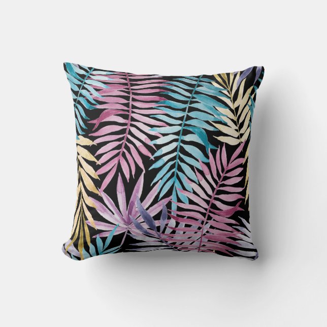 Palm leaves: watercolor dark pattern throw pillow (Front)
