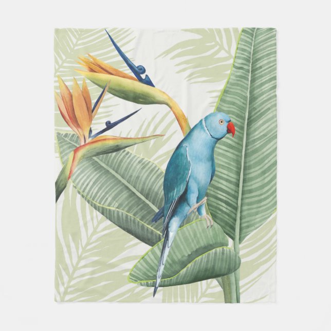 Palm Leaves With Blue Bird Fleece Blanket (Front)