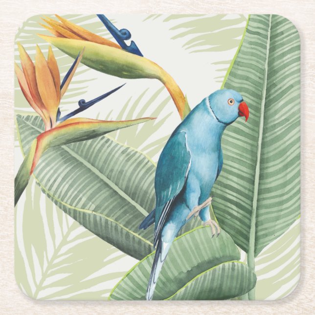Palm Leaves With Blue Bird Square Paper Coaster (Front)