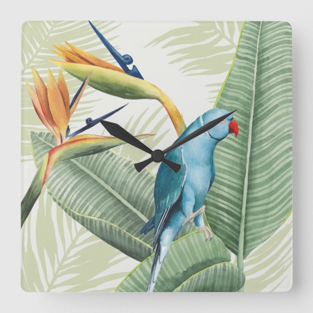 Palm Leaves With Blue Bird Square Wall Clock (Front)