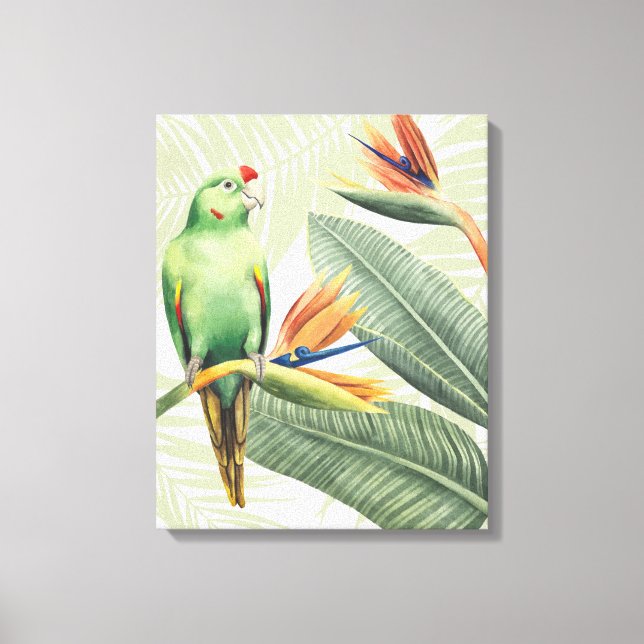 Palm Leaves With Green Bird Canvas Print (Front)