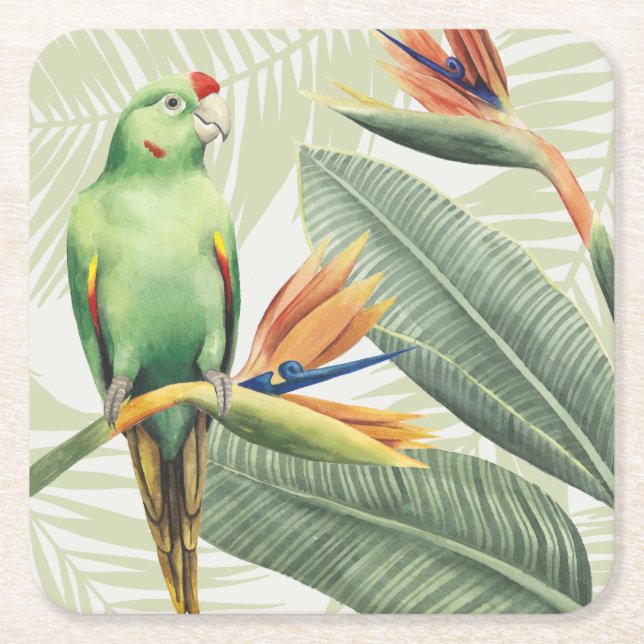 Palm Leaves With Green Bird Square Paper Coaster (Front)