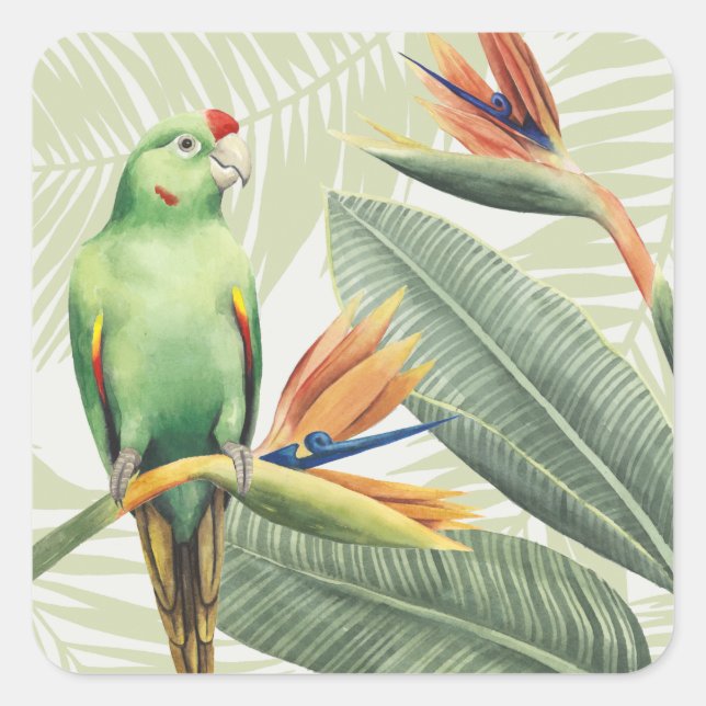 Palm Leaves With Green Bird Square Sticker (Front)