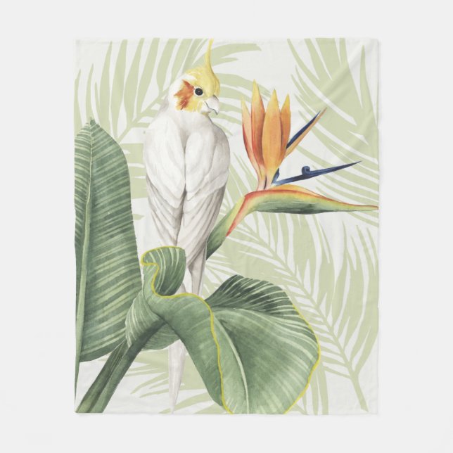 Palm Leaves With White Bird Fleece Blanket (Front)