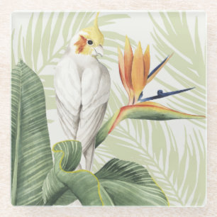Palm Leaves With White Bird Glass Coaster