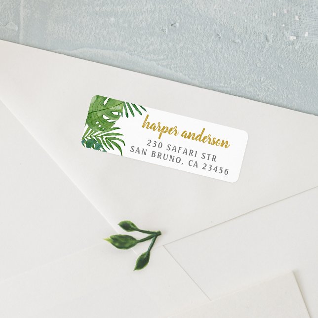 Palm & Monstera | Gold Name Modern Return Adresse (Return Address Label Mock-up)