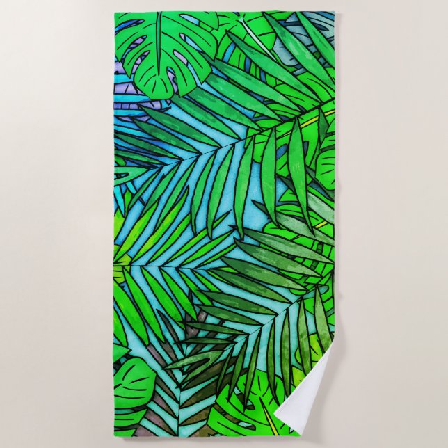 Palm & Monstera Leaves Greenleaf Beach Towel (Front)