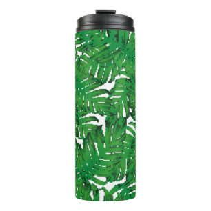 Palm Monstera Seamless Pattern. White Green Tropic Thermal Tumbler
