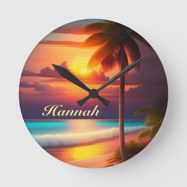 Palm on the beach at sunset round clock (Front)