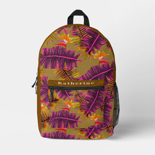 Palm Paradise Brown Olive Printed Backpack (Front)