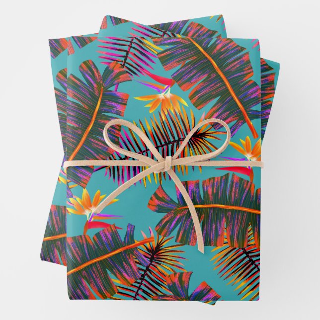 Palm Paradise Teal Wrapping Paper Sheet (In situ)