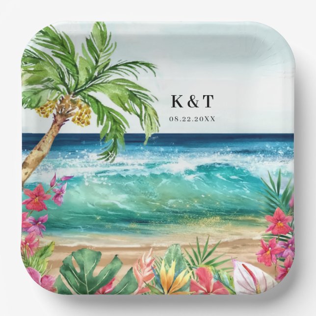 Palm Paradise Tropical Beach Wedding, Shower, Luau Paper Plate (Front)