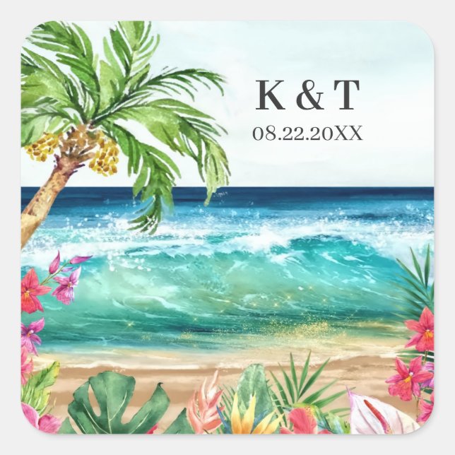 Palm Paradise Tropical Beach Wedding & Shower Square Sticker (Front)