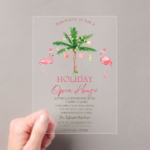 Palm Pink Flamingos Holiday Open House Acrylic Invitations