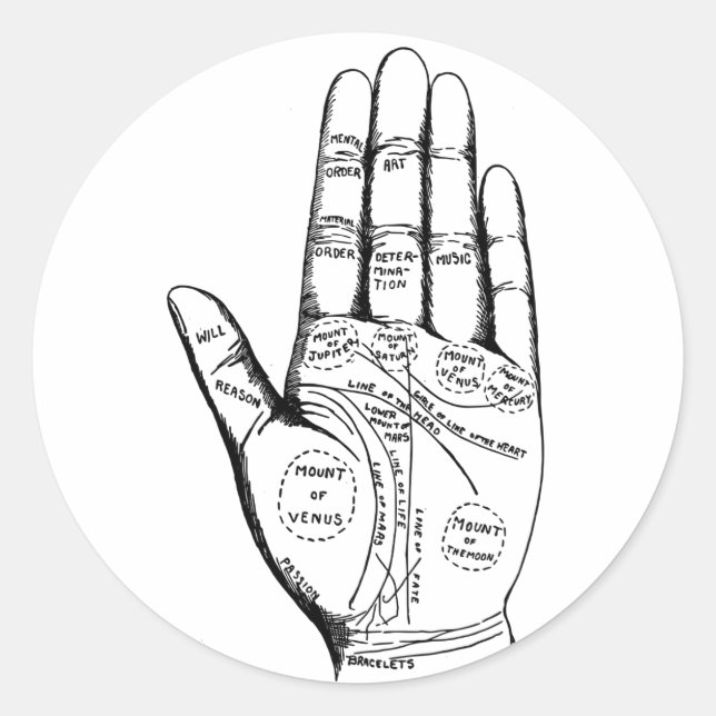 Palm Reading Chart Palmistry fortune teller future Classic Round Sticker (Front)