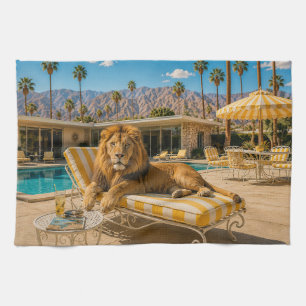 Palm Springs 1950 Poolside Lion Lounging Kitchen Towel