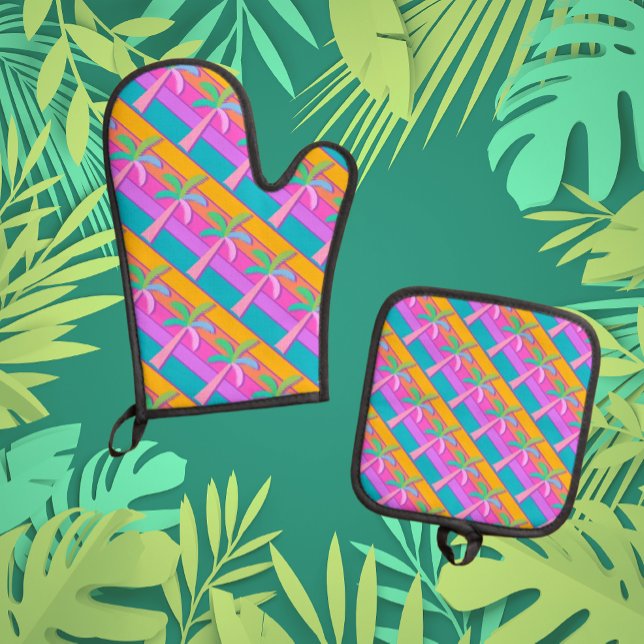  Palm Springs Bold Sunset Stripes Palm Tree Oven Mitt & Pot Holder Set (Makes a great hostess gift!)