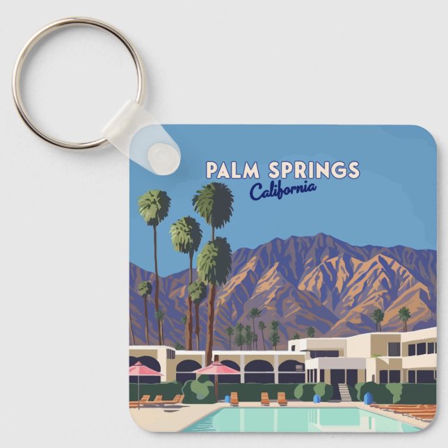 Palm Springs California Pool Hotel Trees Retro Keychain (Front)
