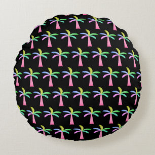  Palm Springs Colourful Palm Trees Black Backgroun Round Pillow