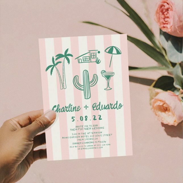 Palm Springs Green Pink Hand drawn Wedding  Invitation (Creator Uploaded)