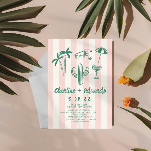 Palm Springs Green Pink Hand drawn Wedding  Invitation