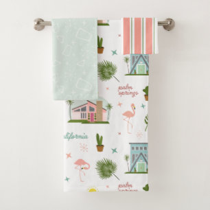 Palm Springs Pink House Cactus Flamingo Pattern Bath Towel Set
