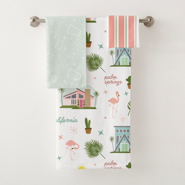 Palm Springs Pink House Cactus Flamingo Pattern Bath Towel Set (Insitu)